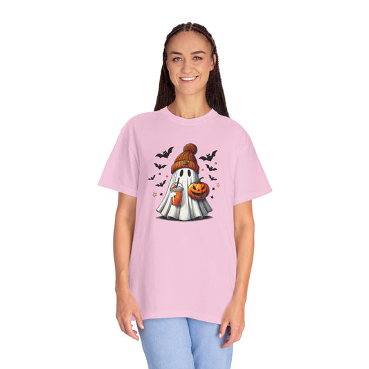 Cozy Ghost with Pumpkin & Drink T-Shirt | Cute Halloween Graphic Tee | Fall Spooky Season Shirt