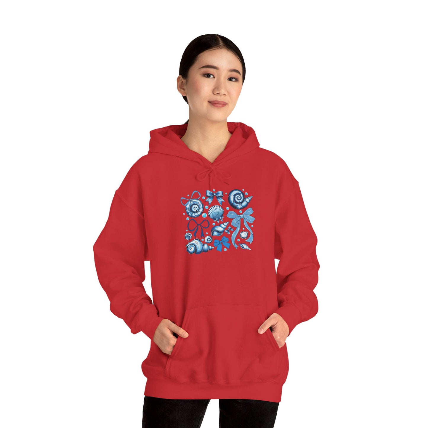 Blue Seashell and Ribbon Clipa Hoodie  Art Nautical Bow and Shell Illustration | Ocean-Themed PNG Hoodie