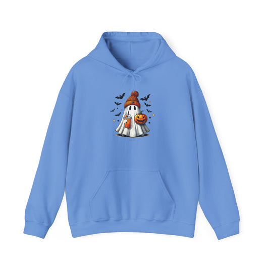 Cozy Ghost with Pumpkin & Drink Hoodie | Cute Halloween Graphic Hoodie | Fall Spooky Season Hoodie
