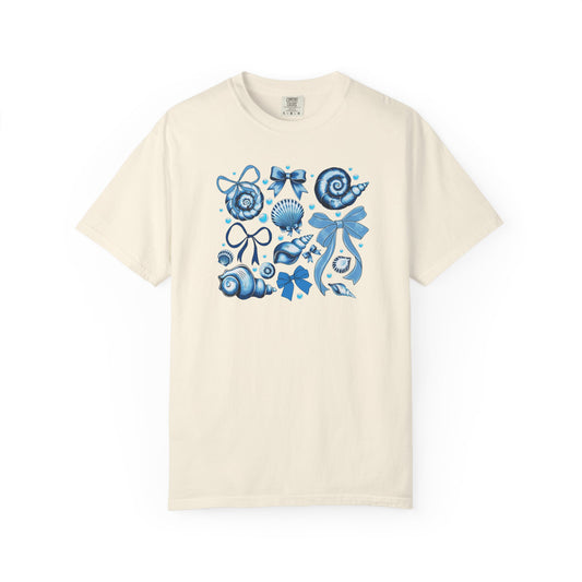 Blue Seashell and Ribbon Clipart Tshirt | Nautical Bow and Shell Illustration | Ocean-Themed PNG Tshirt