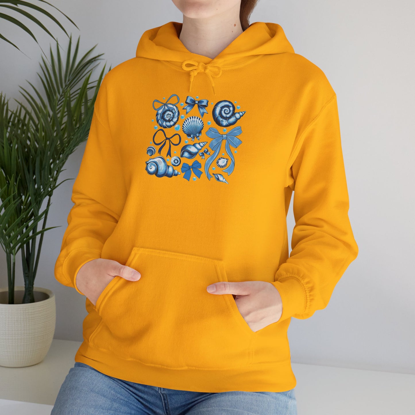 Blue Seashell and Ribbon Clipa Hoodie  Art Nautical Bow and Shell Illustration | Ocean-Themed PNG Hoodie
