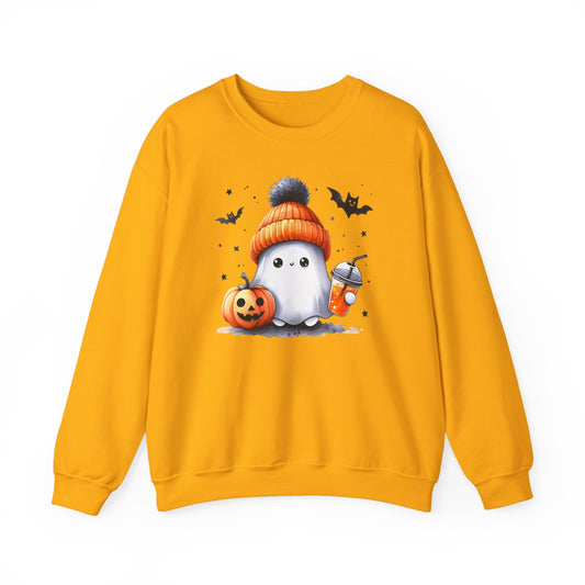 Cute Ghost with Pumpkin & Drink Crewneck | Kawaii Halloween Graphic Crewneck | Fall Spooky Season Crewneck