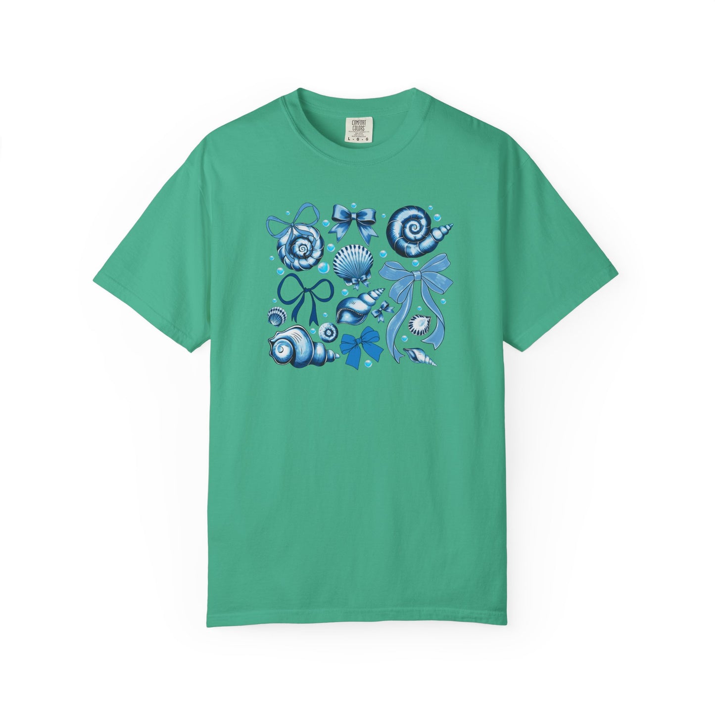 Blue Seashell and Ribbon Clipart Tshirt | Nautical Bow and Shell Illustration | Ocean-Themed PNG Tshirt
