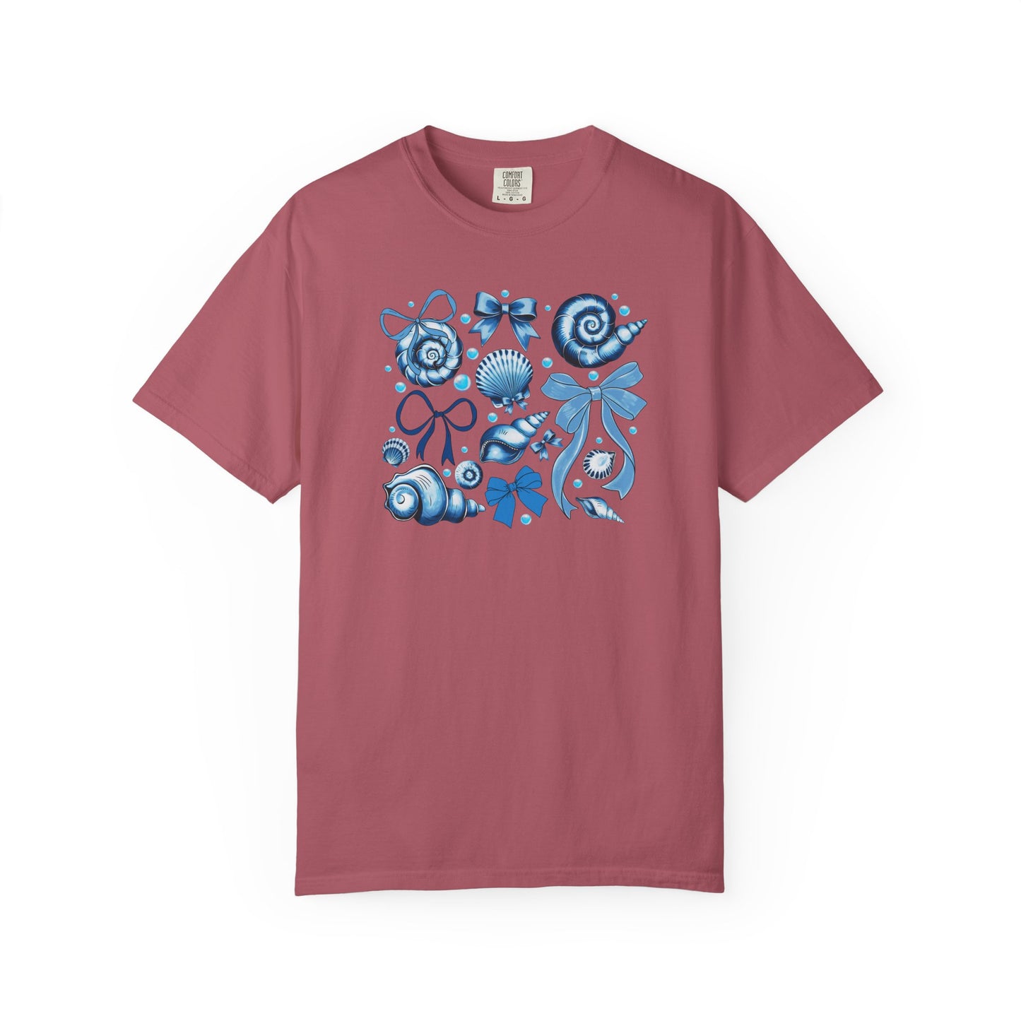 Blue Seashell and Ribbon Clipart Tshirt | Nautical Bow and Shell Illustration | Ocean-Themed PNG Tshirt