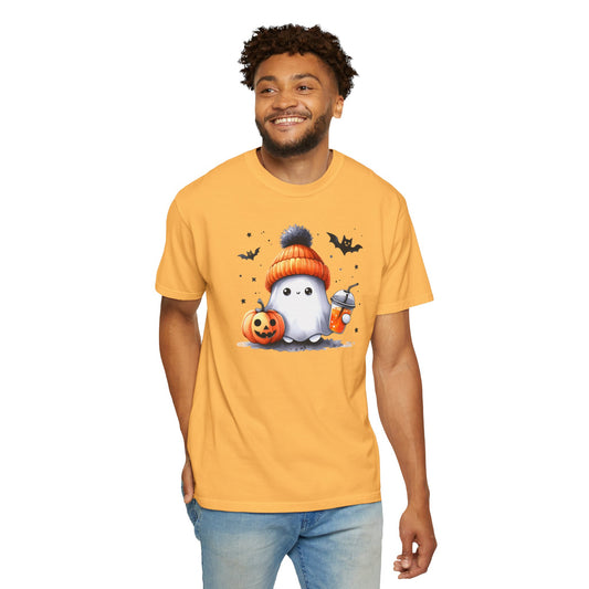 Cute Ghost with Pumpkin & Drink T-Shirt | Kawaii Halloween Graphic Tee | Fall Spooky Season Shirt
