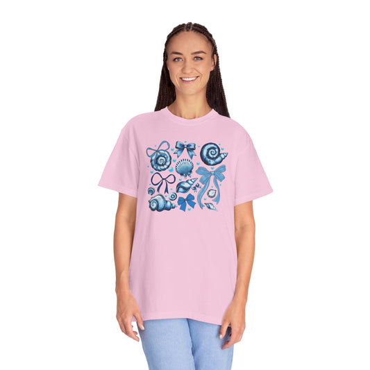 Blue Seashell and Ribbon Clipart Tshirt | Nautical Bow and Shell Illustration | Ocean-Themed PNG Tshirt