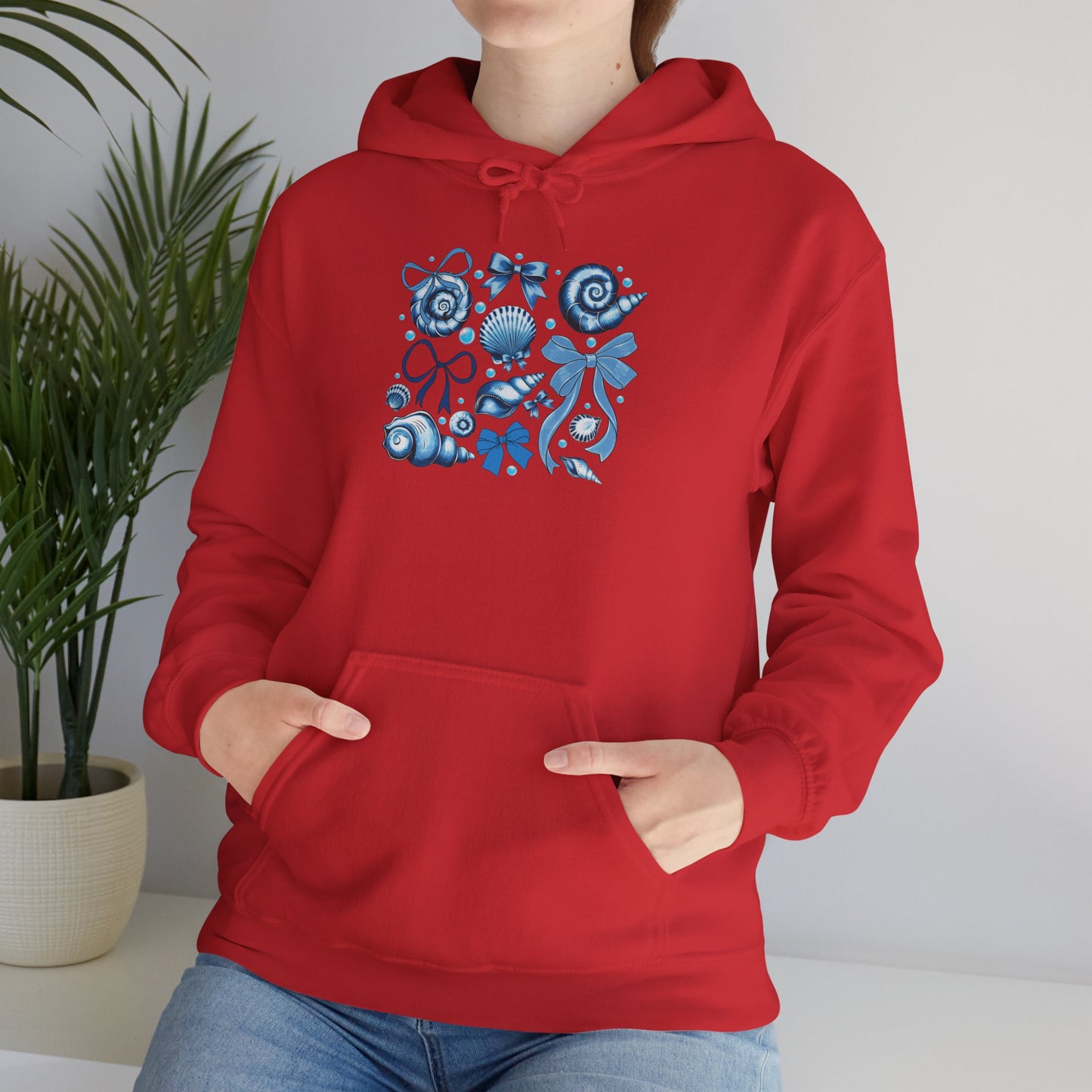 Blue Seashell and Ribbon Clipa Hoodie  Art Nautical Bow and Shell Illustration | Ocean-Themed PNG Hoodie