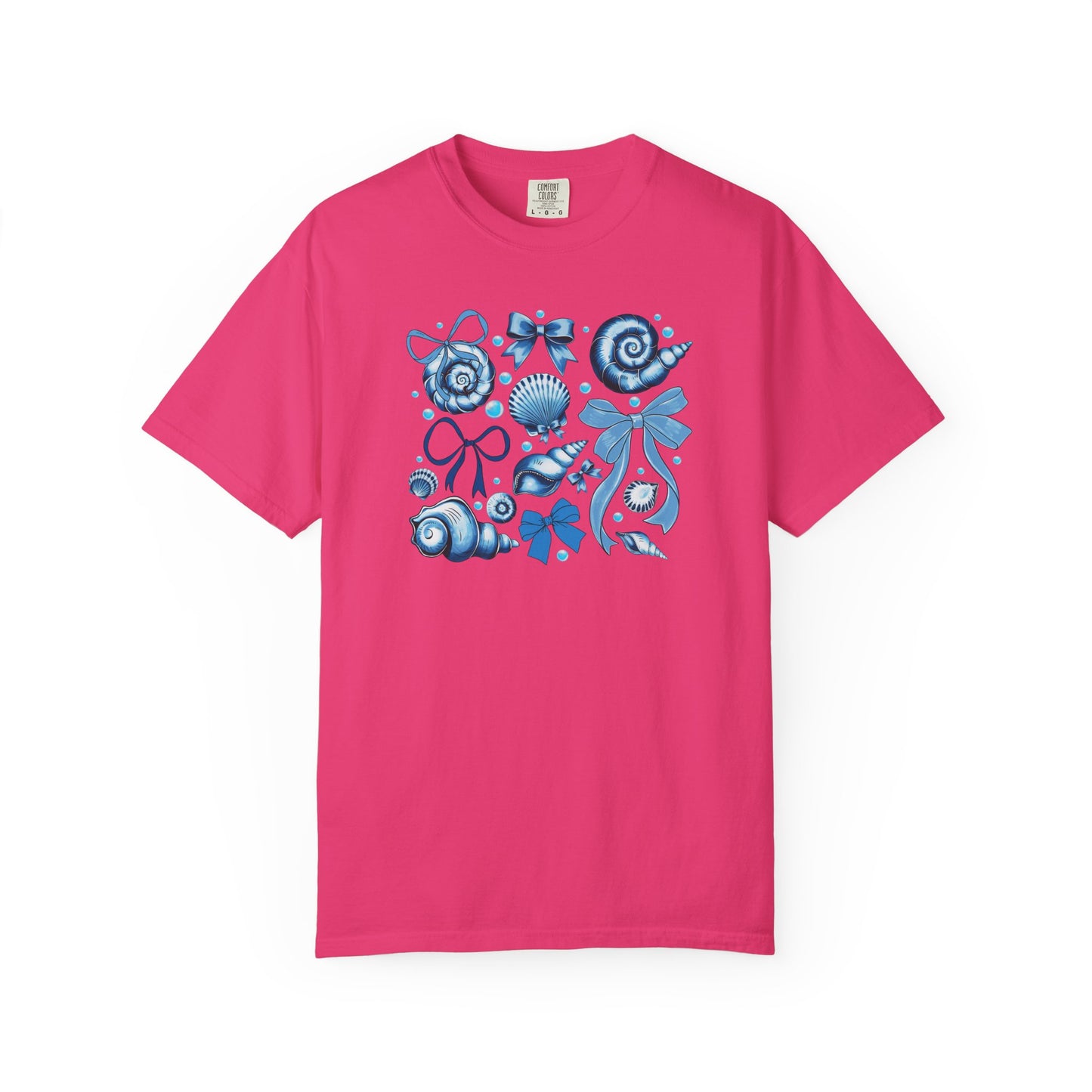 Blue Seashell and Ribbon Clipart Tshirt | Nautical Bow and Shell Illustration | Ocean-Themed PNG Tshirt