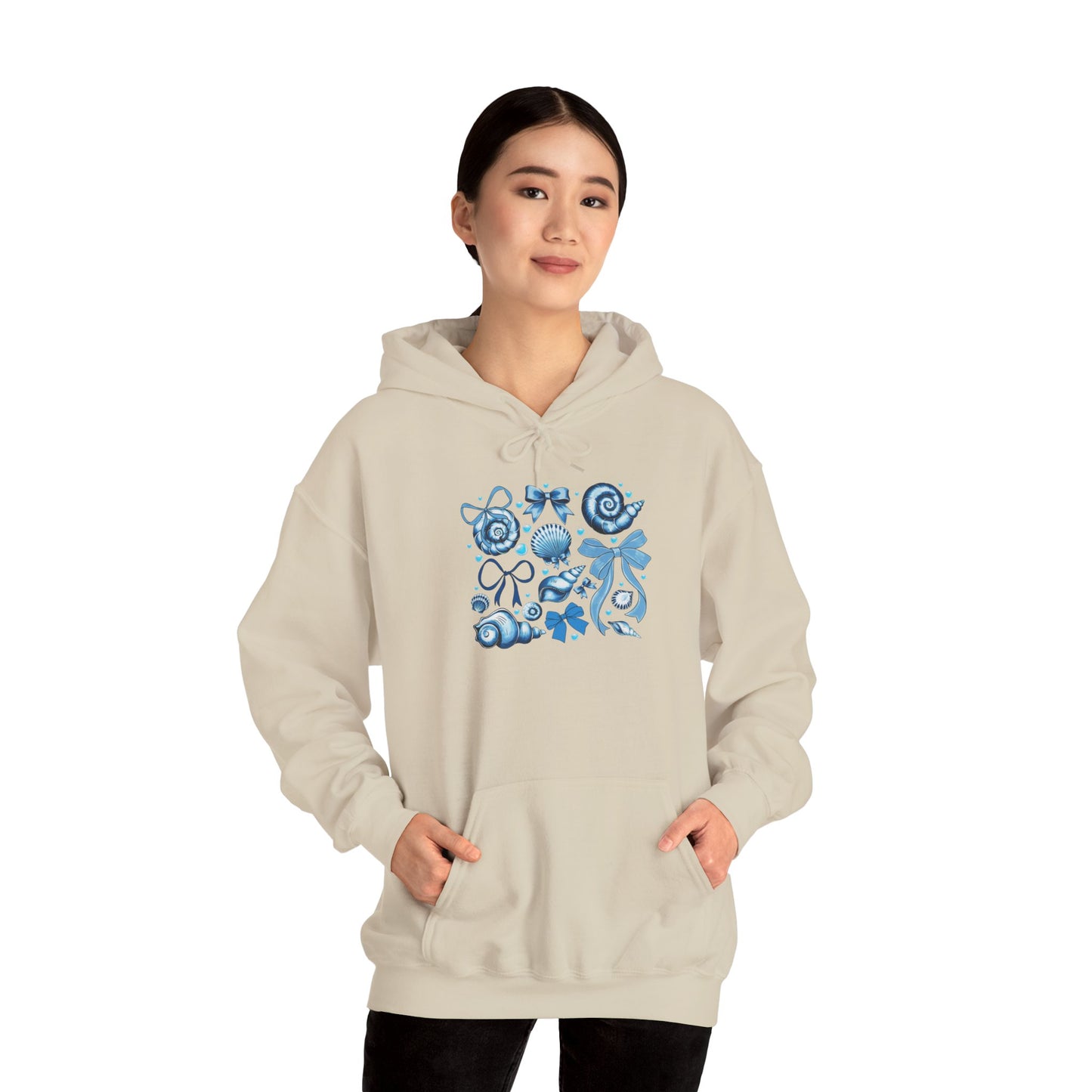 Blue Seashell and Ribbon Clipa Hoodie  Art Nautical Bow and Shell Illustration | Ocean-Themed PNG Hoodie